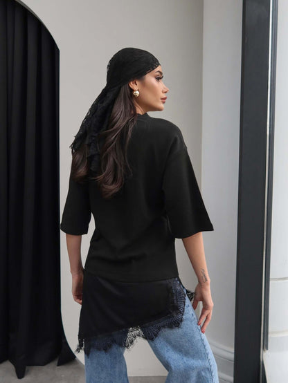 Crew Neck T-shirt with Lace Detail - black