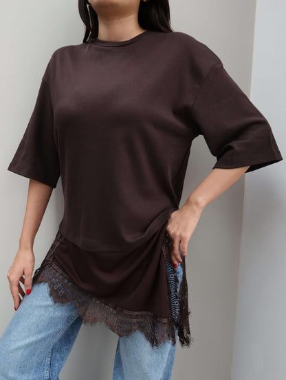 Crew Neck T-shirt with Lace Detail