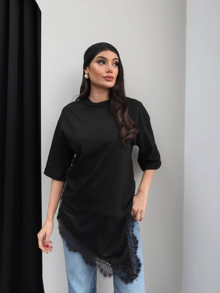 Crew Neck T-shirt with Lace Detail - black