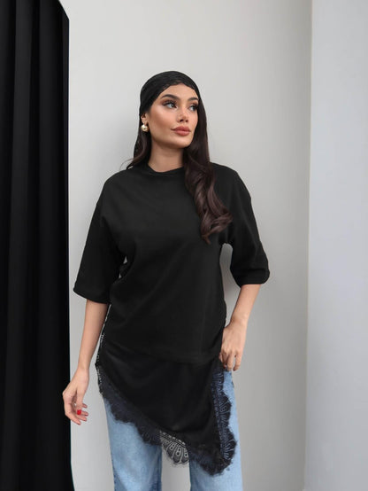 Crew Neck T-shirt with Lace Detail - black