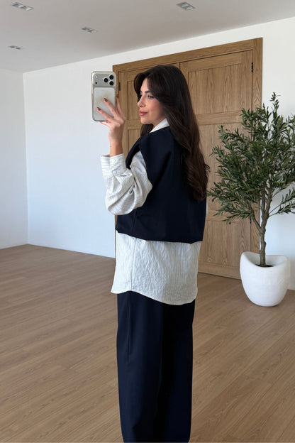 Vest with attached Shirt,waistband straight leg trouser co-ord Set