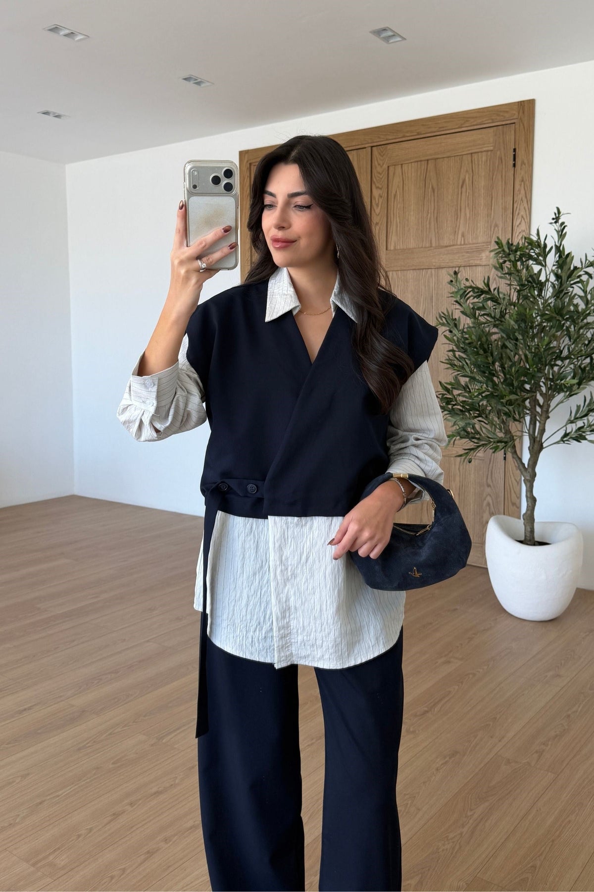 Vest with attached Shirt,waistband straight leg trouser co-ord Set