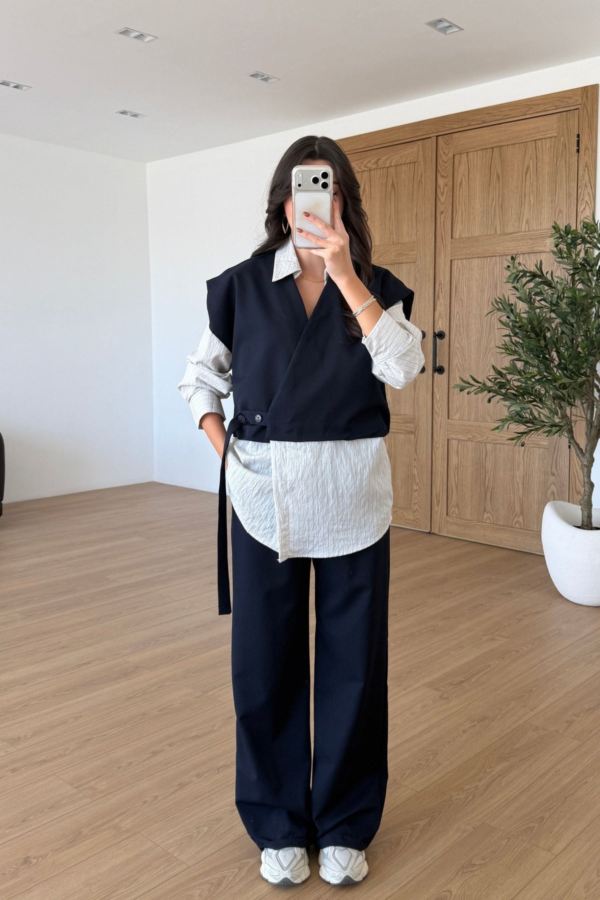 Vest with attached Shirt,waistband straight leg trouser co-ord Set