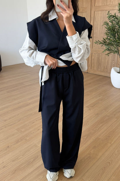 Vest with attached Shirt,waistband straight leg trouser co-ord Set