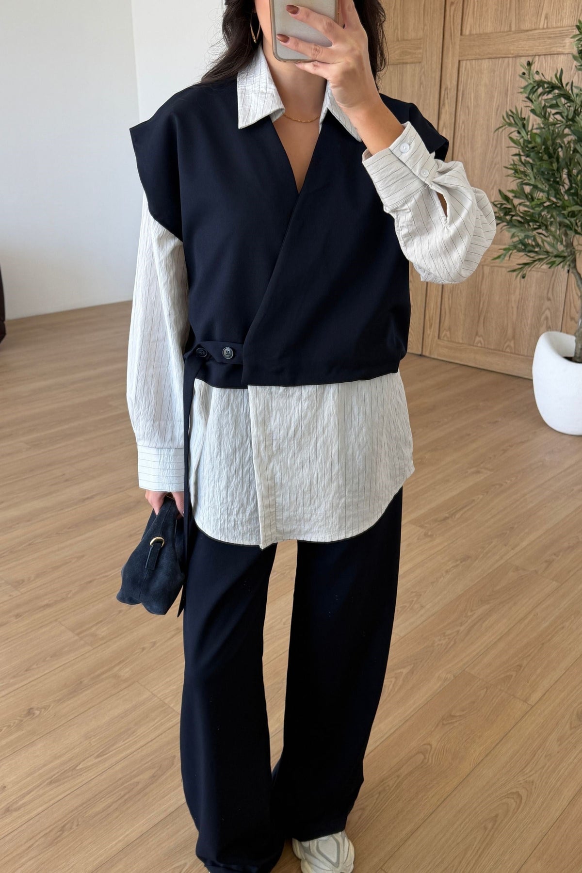 Vest with attached Shirt,waistband straight leg trouser co-ord Set