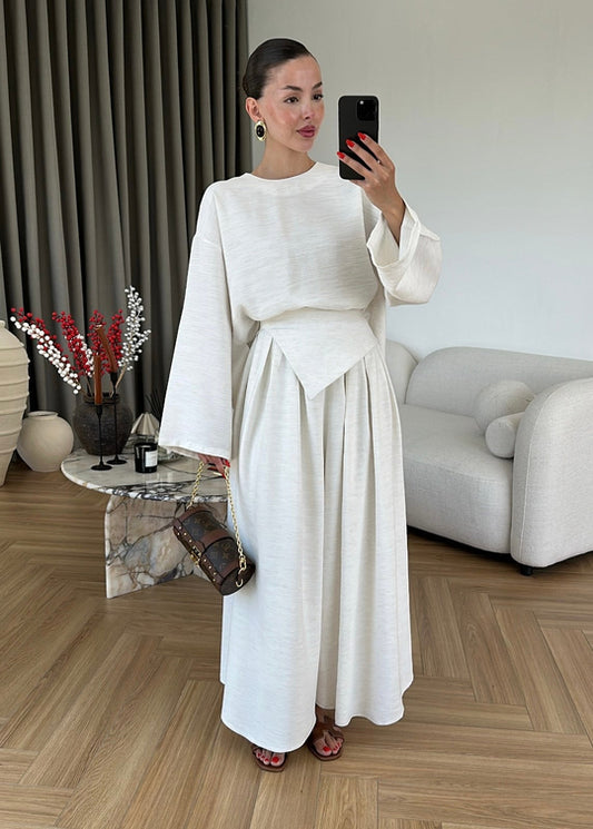 Wide sleeve blouse, Wide-leg trouser with Asymmetric attached Linen Suit