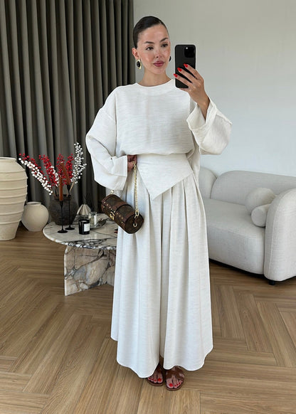 Wide sleeve blouse, Wide-leg trouser with Asymmetric attached Linen Suit