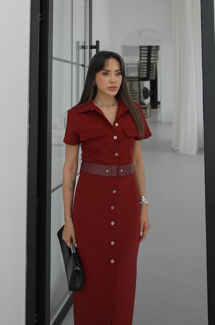 Gold button lap-neck belted midi dress