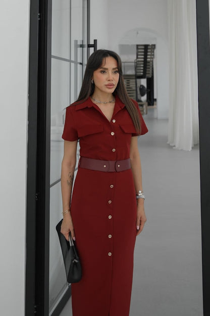 Gold button lap-neck belted midi dress