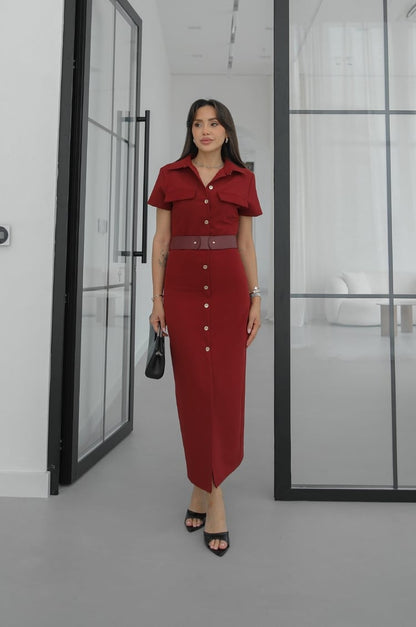 Gold button lap-neck belted midi dress