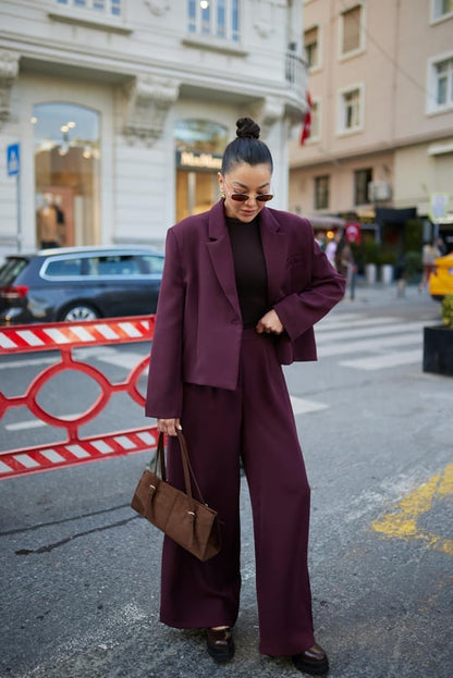 Cropped blazer, wide leg trouser suit