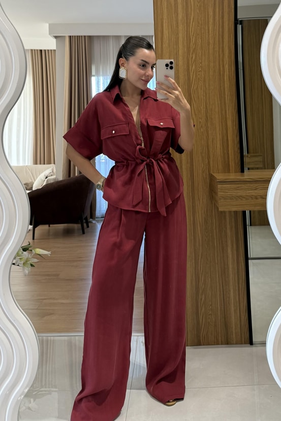 Gold zipper short sleeve tencel co-ord set