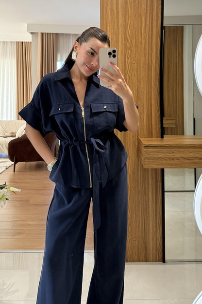 Gold zipper short sleeve tencel co-ord set