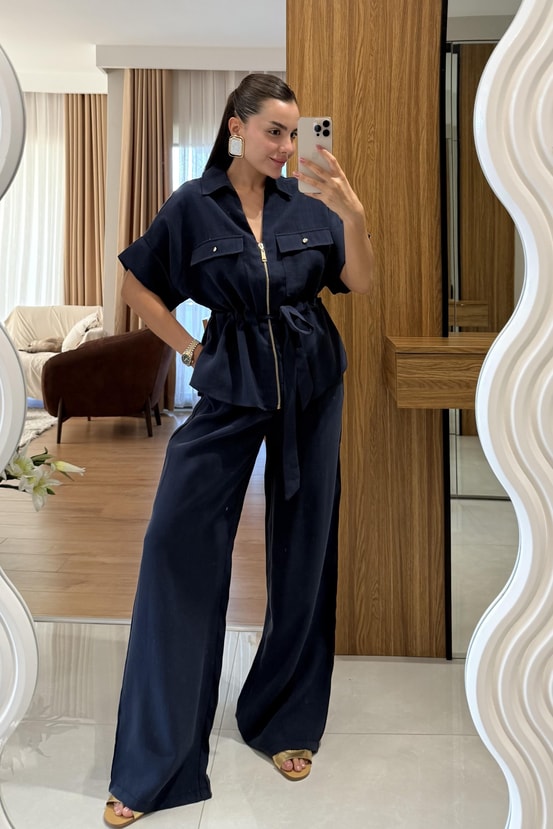 Gold zipper short sleeve tencel co-ord set