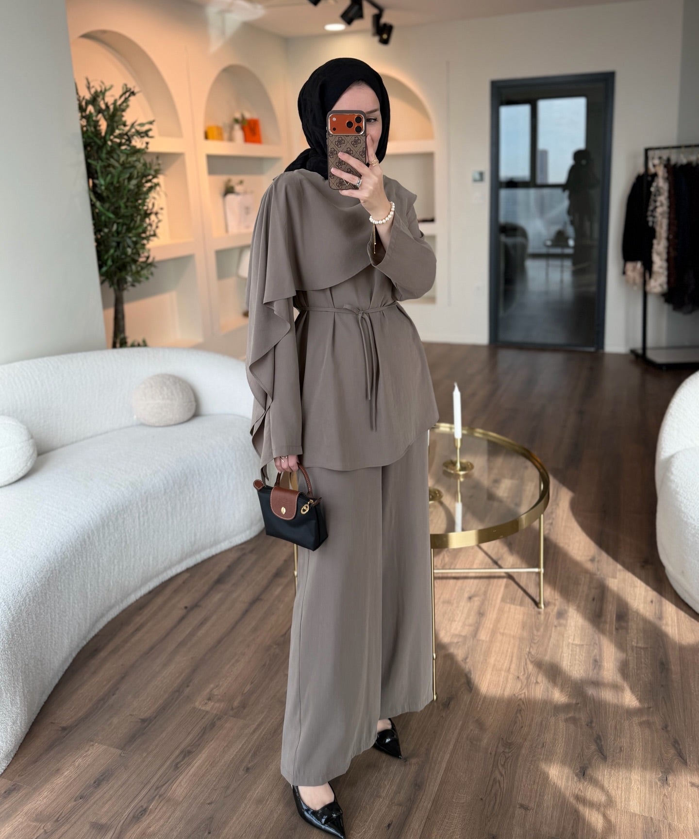layered wrap cape-style overlay and a waist tie  with wide-leg pants co-ord set