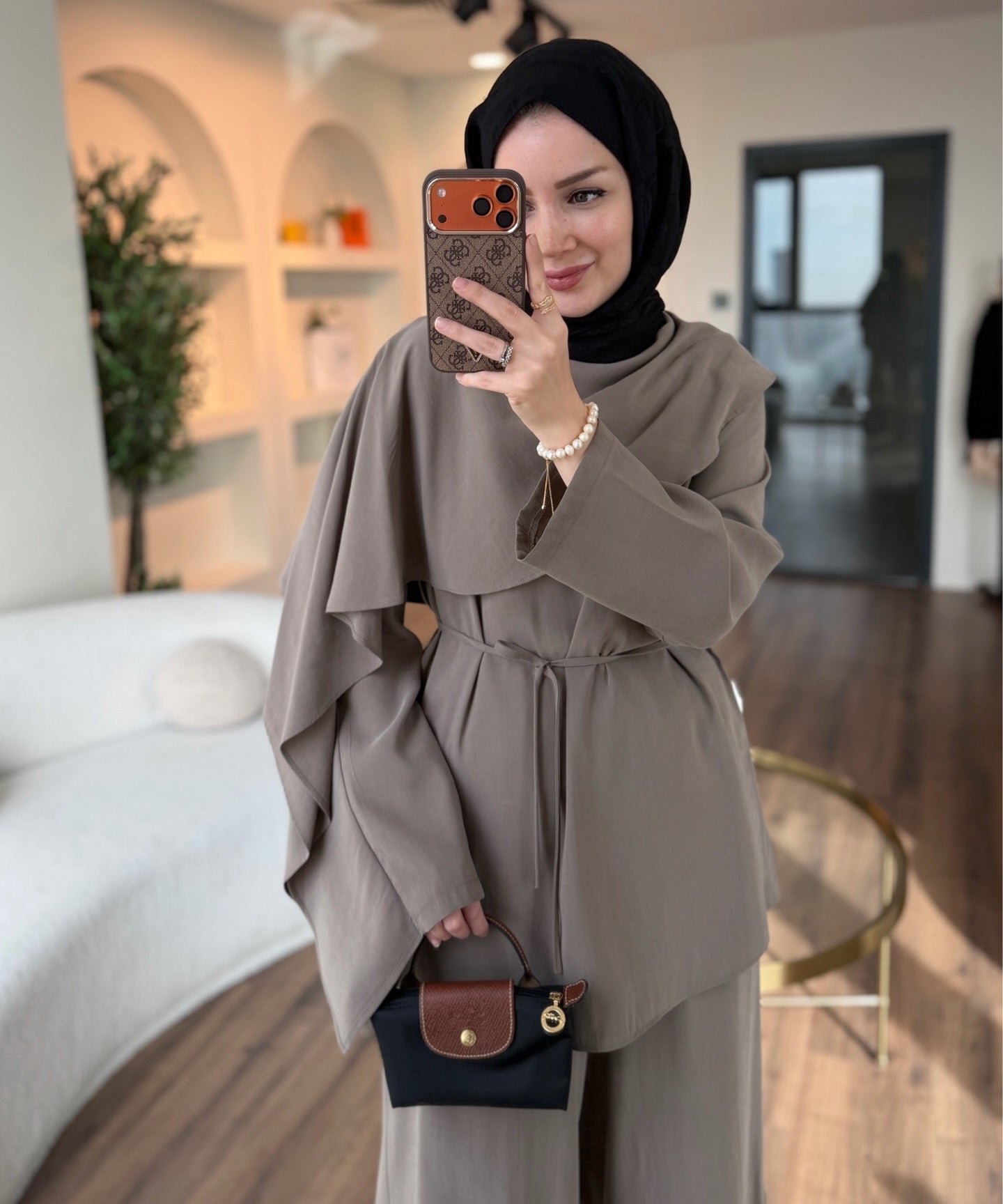 layered wrap cape-style overlay and a waist tie  with wide-leg pants co-ord set