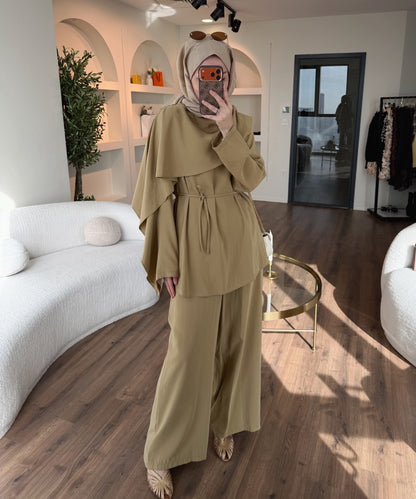 layered wrap cape-style overlay and a waist tie  with wide-leg pants co-ord set