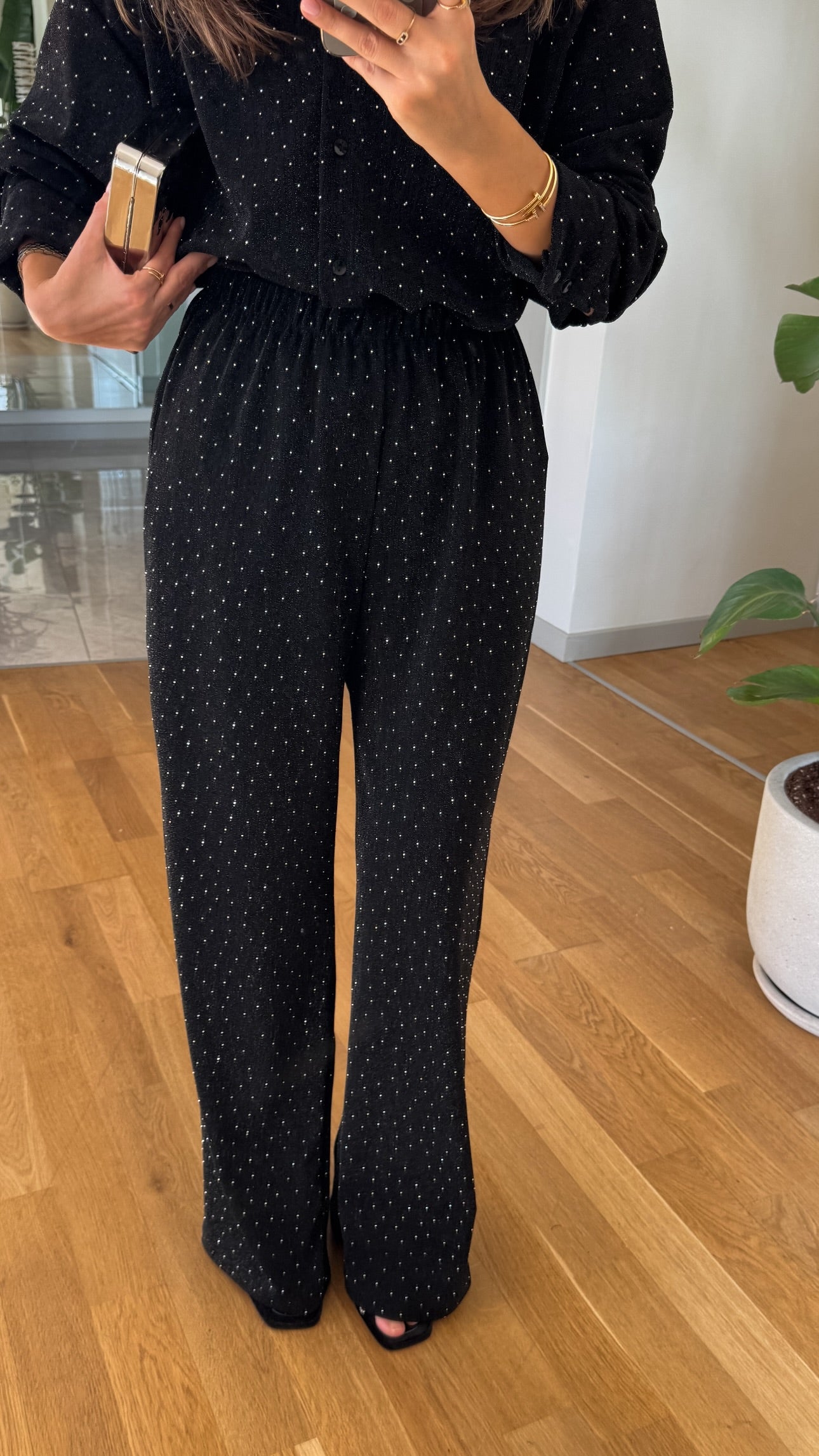 Stone Detail Shirt and Pants Set - Black