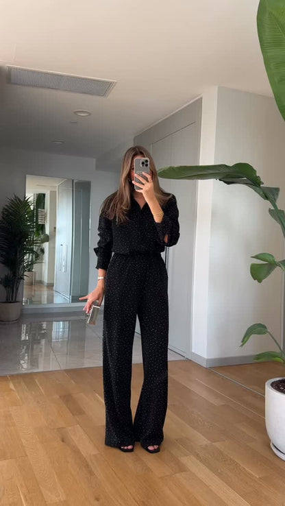 Stone Detail Shirt and Pants Set - Black