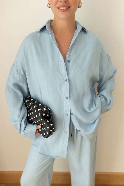 Ice Blue Tencel Oversize Shirt and Pants Set