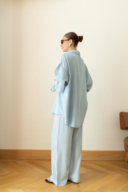 Ice Blue Tencel Oversize Shirt and Pants Set