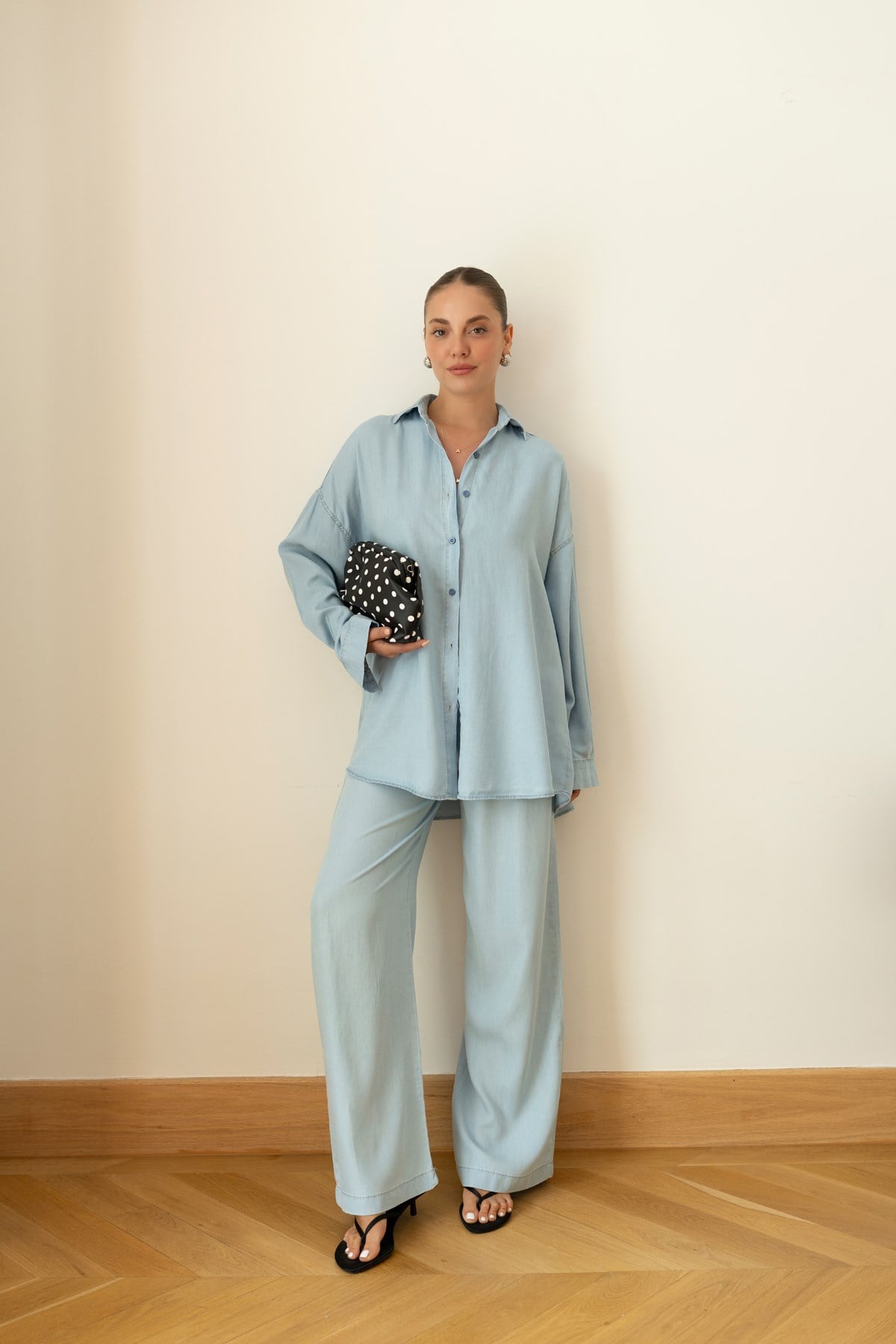 Ice Blue Tencel Oversize Shirt and Pants Set