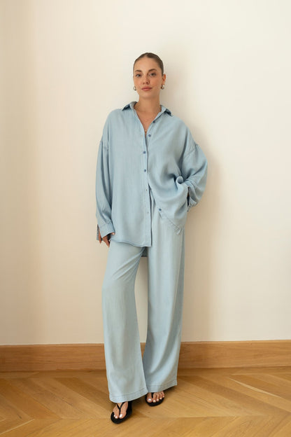 Ice Blue Tencel Oversize Shirt and Pants Set