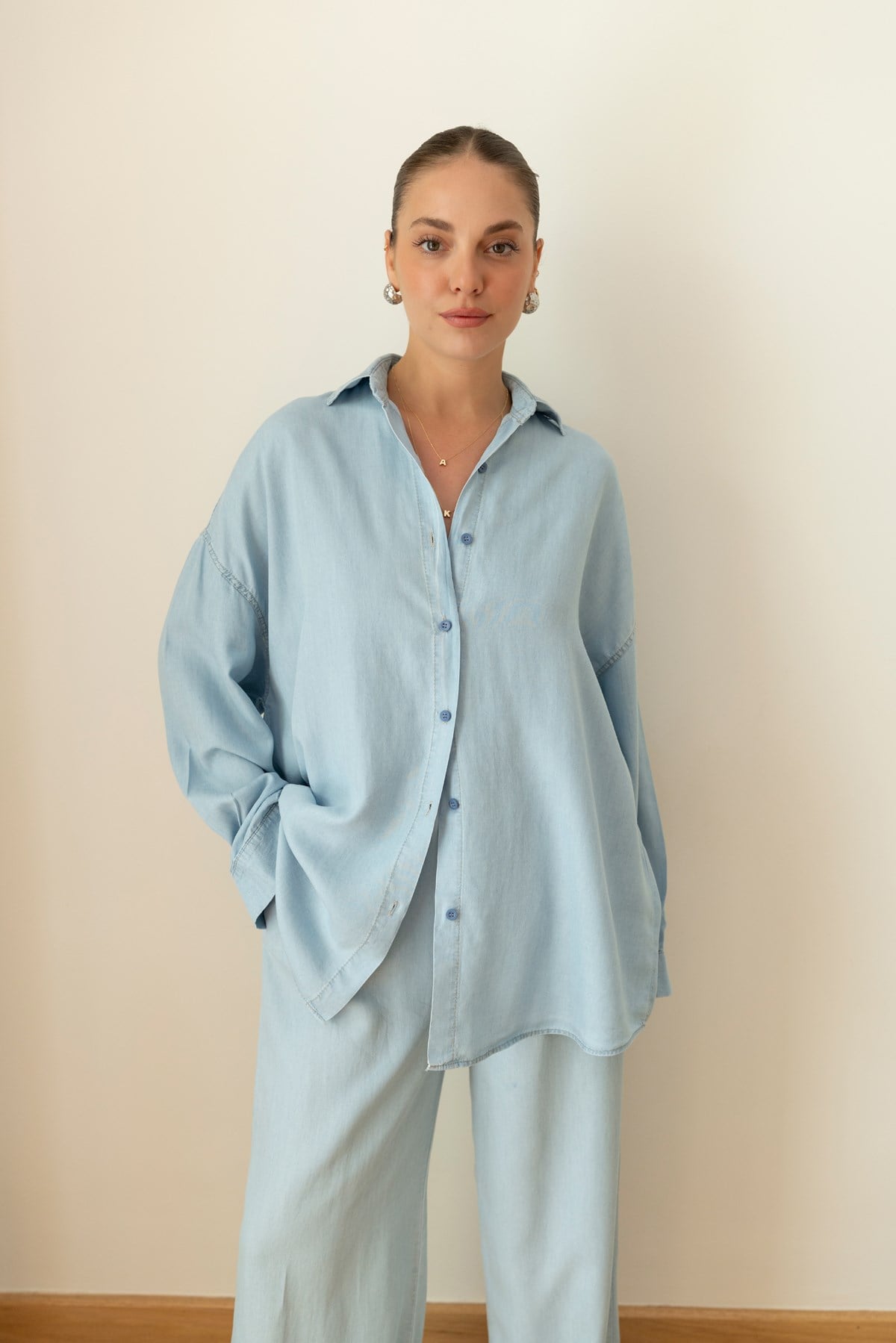 Ice Blue Tencel Oversize Shirt and Pants Set