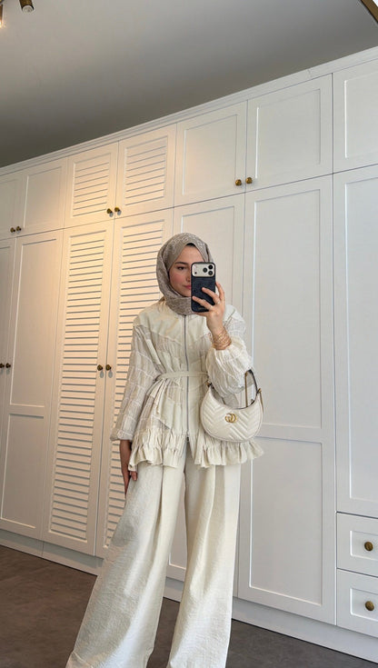 belted zipper crinkle jacket ,waistband wide leg trouser co-ord set