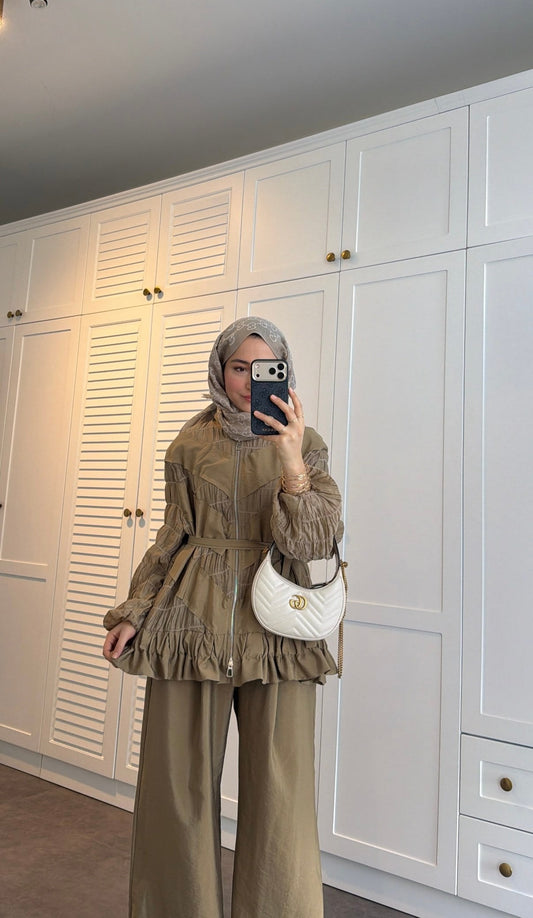 belted zipper crinkle jacket ,waistband wide leg trouser co-ord set