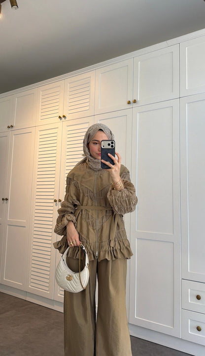 belted zipper crinkle jacket ,waistband wide leg trouser co-ord set