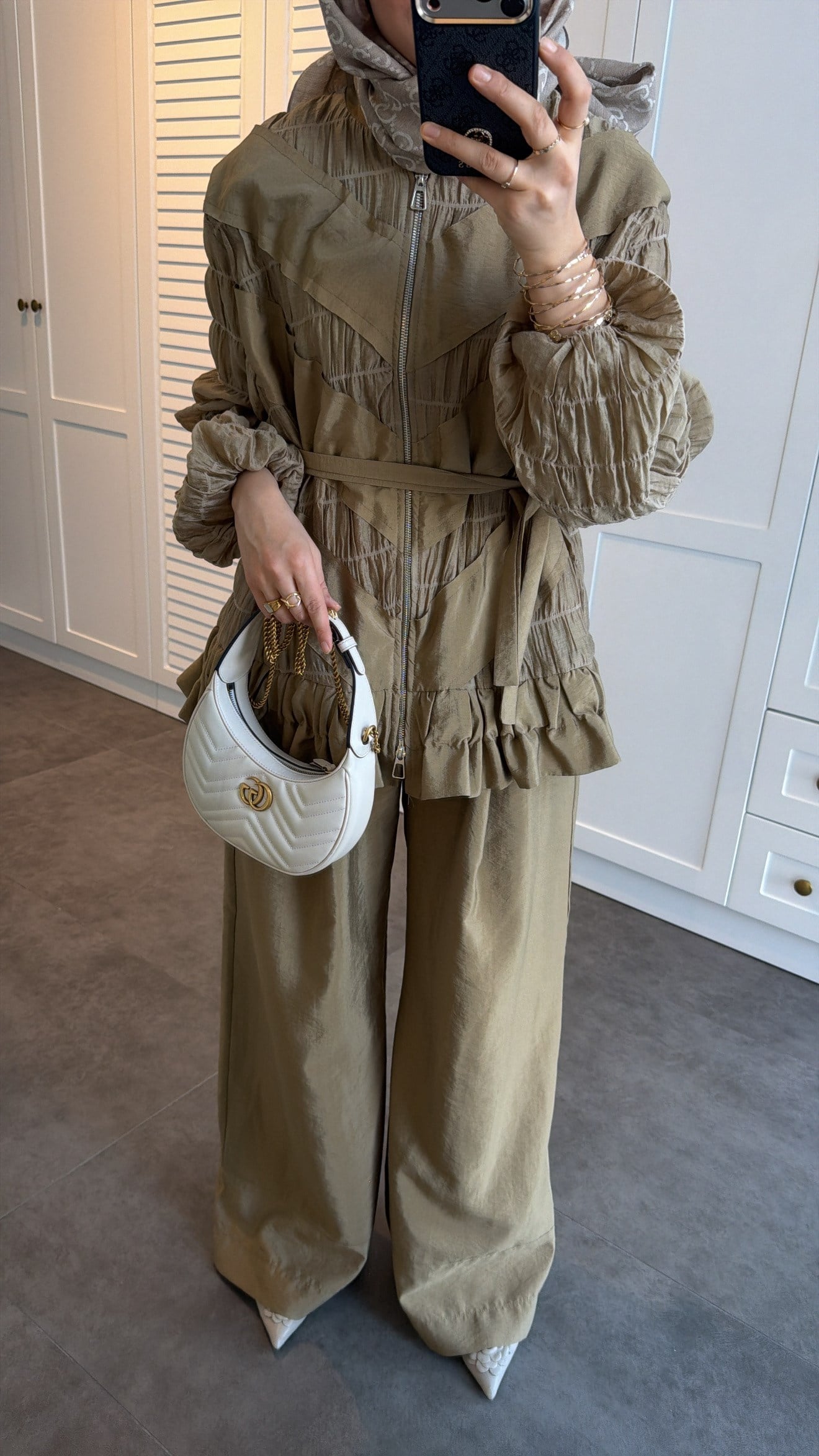 belted zipper crinkle jacket ,waistband wide leg trouser co-ord set