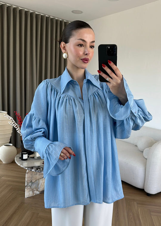 Blue Vintage Premium Shirt with Gathered Sleeve Detail