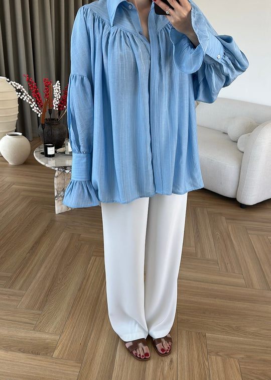 Blue Vintage Premium Shirt with Gathered Sleeve Detail