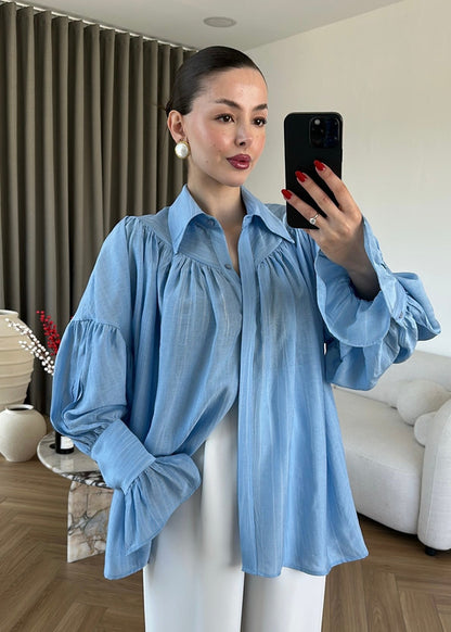Blue Vintage Premium Shirt with Gathered Sleeve Detail