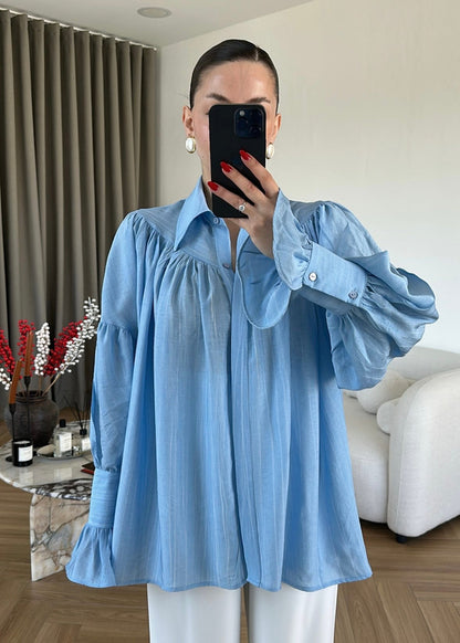 Blue Vintage Premium Shirt with Gathered Sleeve Detail
