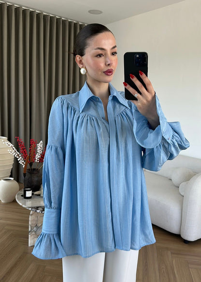 Blue Vintage Premium Shirt with Gathered Sleeve Detail