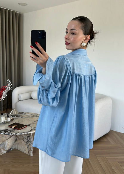 Blue Vintage Premium Shirt with Gathered Sleeve Detail