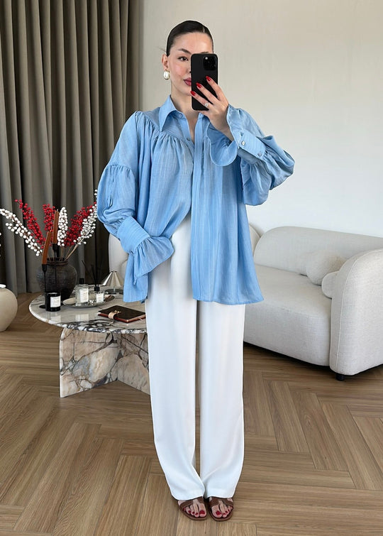Blue Vintage Premium Shirt with Gathered Sleeve Detail