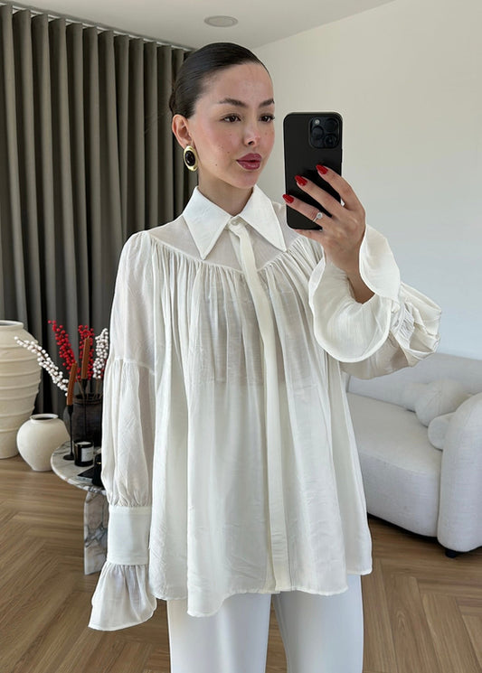 White Vintage Premium Shirt with Gathered Sleeve Detail