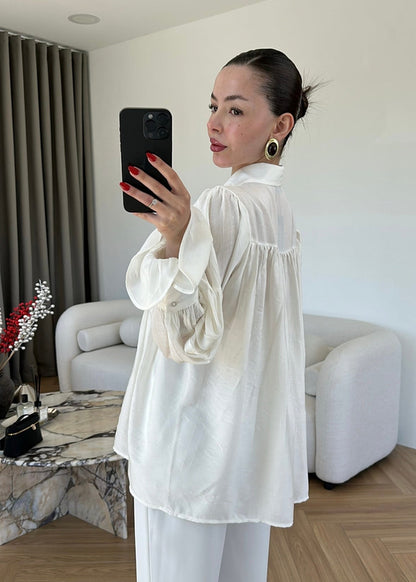 White Vintage Premium Shirt with Gathered Sleeve Detail