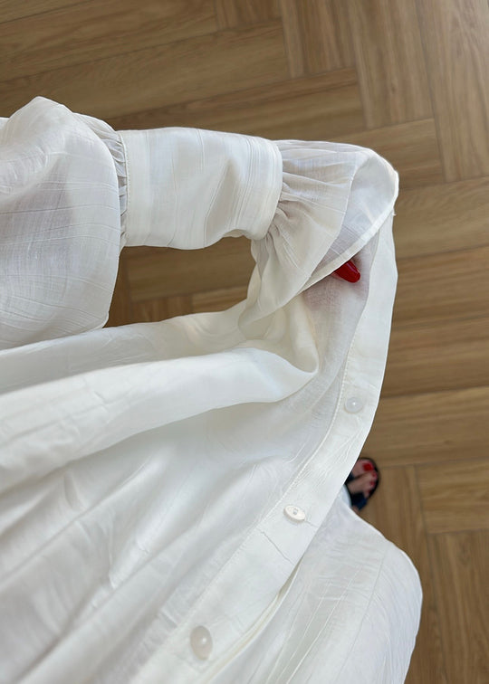 White Vintage Premium Shirt with Gathered Sleeve Detail