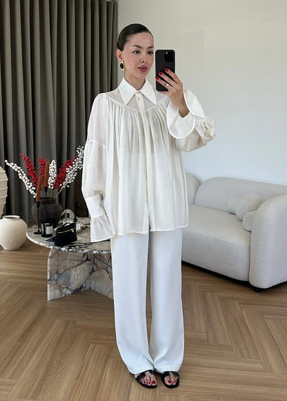 White Vintage Premium Shirt with Gathered Sleeve Detail