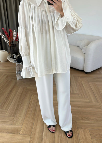 White Vintage Premium Shirt with Gathered Sleeve Detail