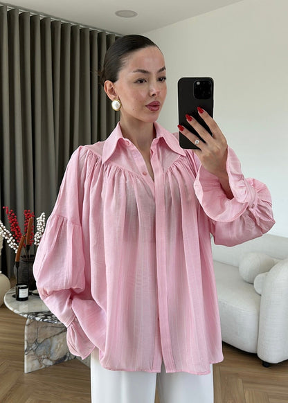 Dusty Pink Vintage Premium Shirt with Gathered Sleeve Detail