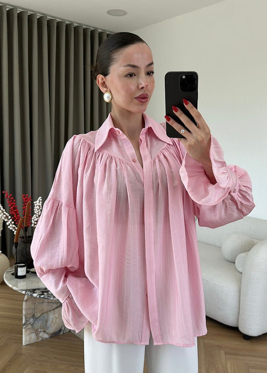 Dusty Pink Vintage Premium Shirt with Gathered Sleeve Detail