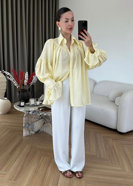 Yellow Vintage Premium Shirt with Gathered Sleeve Detail