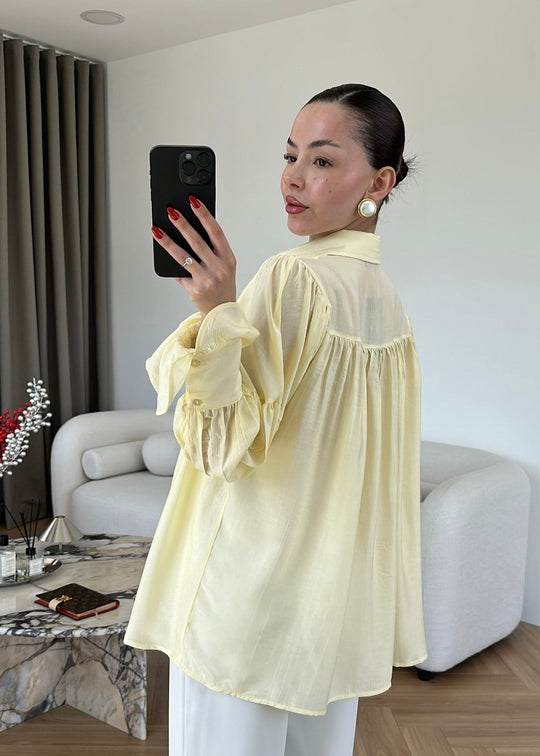 Yellow Vintage Premium Shirt with Gathered Sleeve Detail
