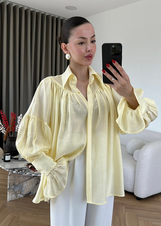 Yellow Vintage Premium Shirt with Gathered Sleeve Detail