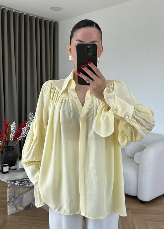 Yellow Vintage Premium Shirt with Gathered Sleeve Detail